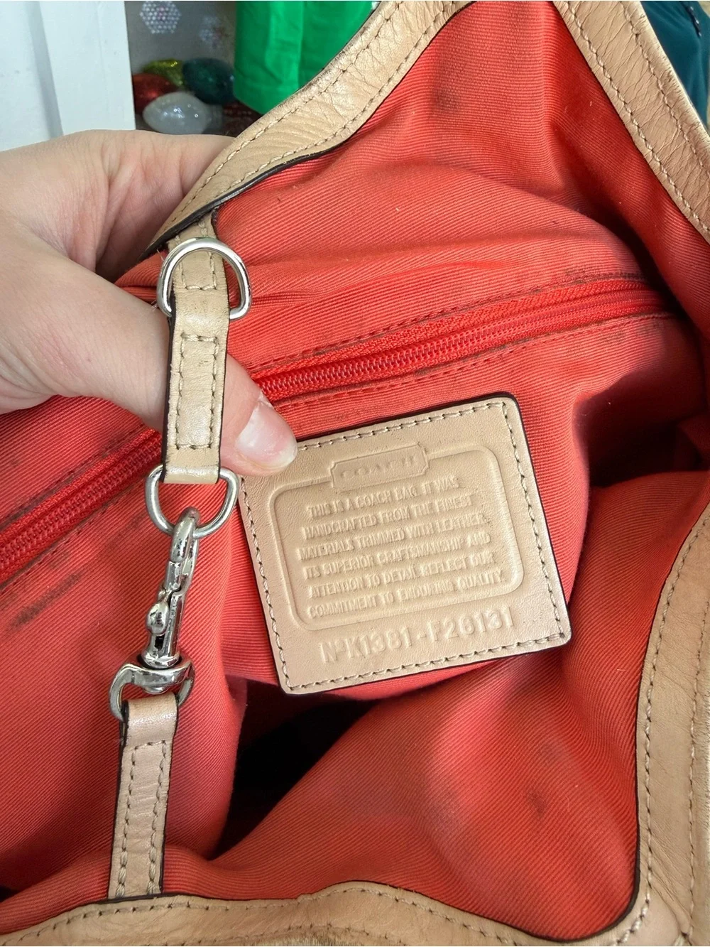 Coach Beige Signature Tote with Red Stripe Accents
